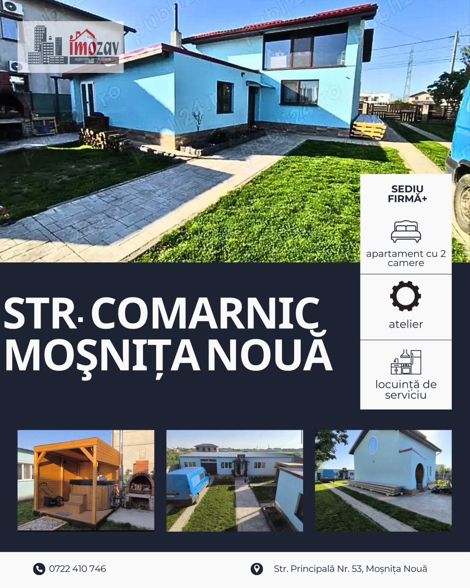 Sediu firmă + locuință de serviciu + atelier + apartament 2 camere – Str. Comarnic, Moșnița Nouă